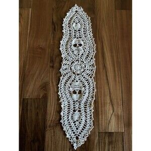 Rare 30” Long  Handmade Crocheted Ecru Skull Hearts Doily 100% Cotton Lace